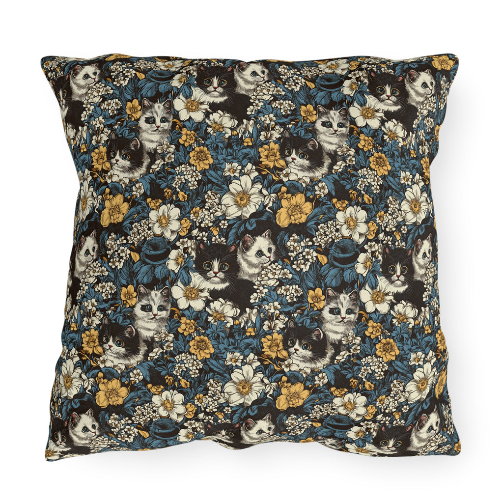 Outdoor Pillow - Black and White Kittens with Yellow and White Flowers, Dark Blue Leaves, Vintage Charm