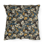 Outdoor Pillow - Black and White Kittens with Yellow and White Flowers, Dark Blue Leaves, Vintage Charm