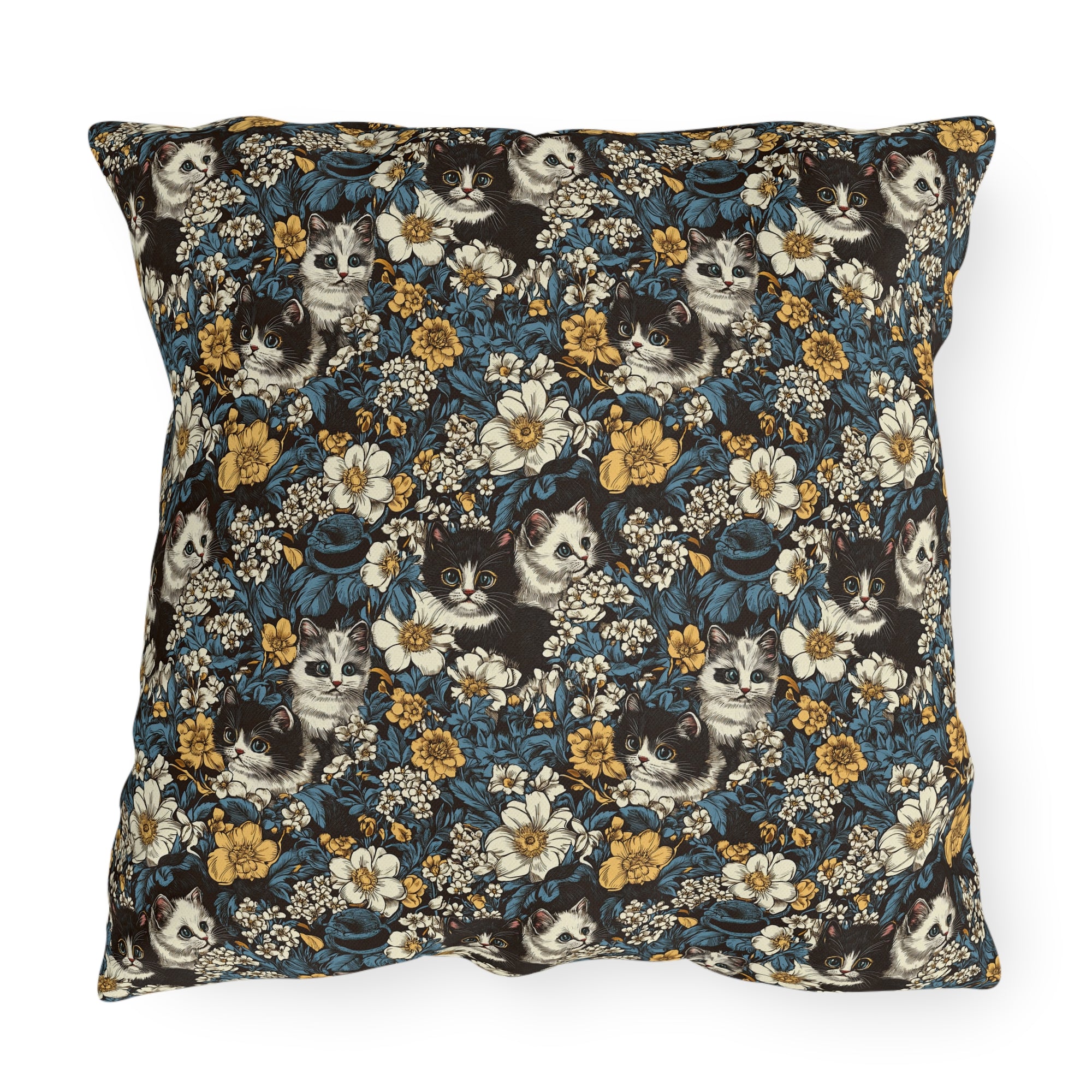 Outdoor Pillow - Black and White Kittens with Yellow and White Flowers, Dark Blue Leaves, Vintage Charm