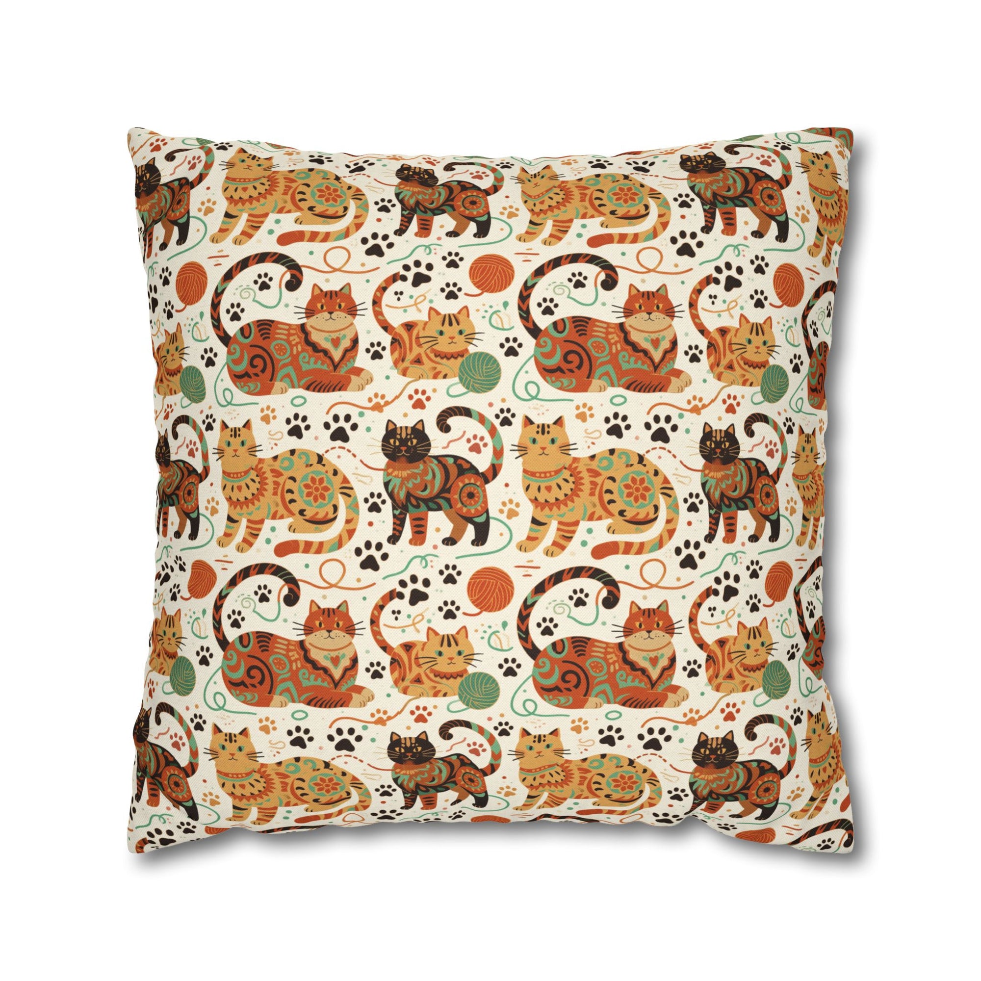 Square Pillowcase - Colorful folk art patterned cats, vibrant orange and teal hues, playful felines with yarn and paw prints, bohemian animal illustration, cream background, artistic and cheerful design