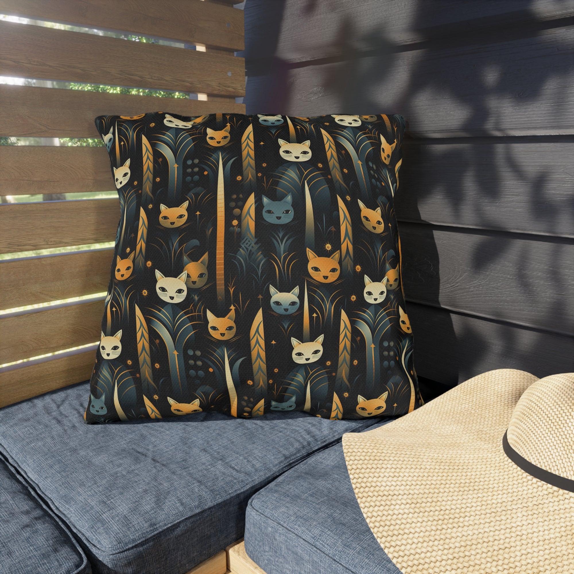 Outdoor Pillow - A sleek and stylish Art Deco-inspired pattern depicting a serene nocturnal landscape with streamlined cat silhouettes and radiating golden light among abstract plants.