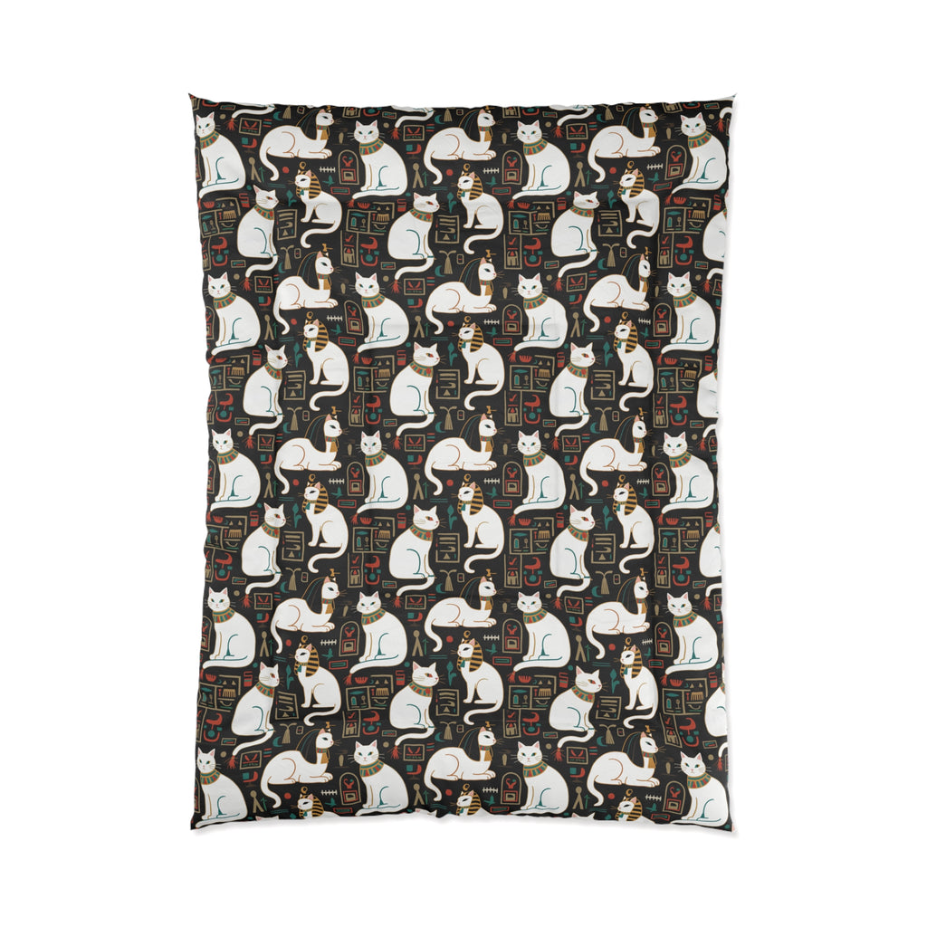 Comforter - Regal White Egyptian Cats with Ornate Collars and Ancient Symbols Adorn this Historically Inspired and Mystical Pattern