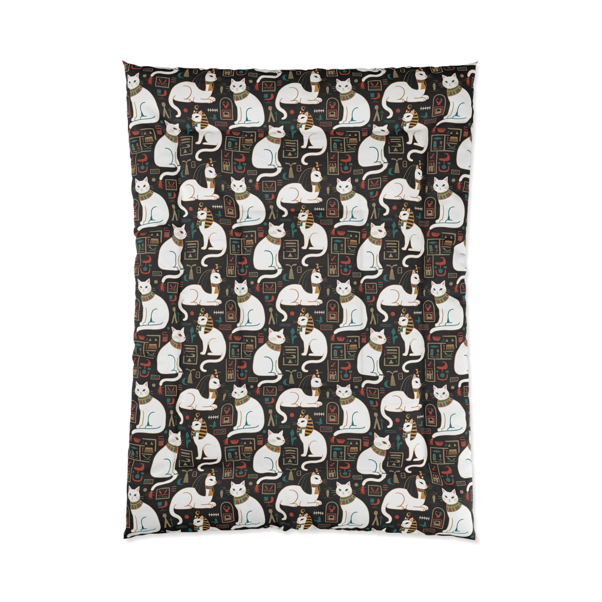 Comforter - Regal White Egyptian Cats with Ornate Collars and Ancient Symbols Adorn this Historically Inspired and Mystical Pattern