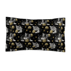 Pillow Sham - Grey and White Kittens Playing with Golden Yarn on a Black Background with Paw Prints
