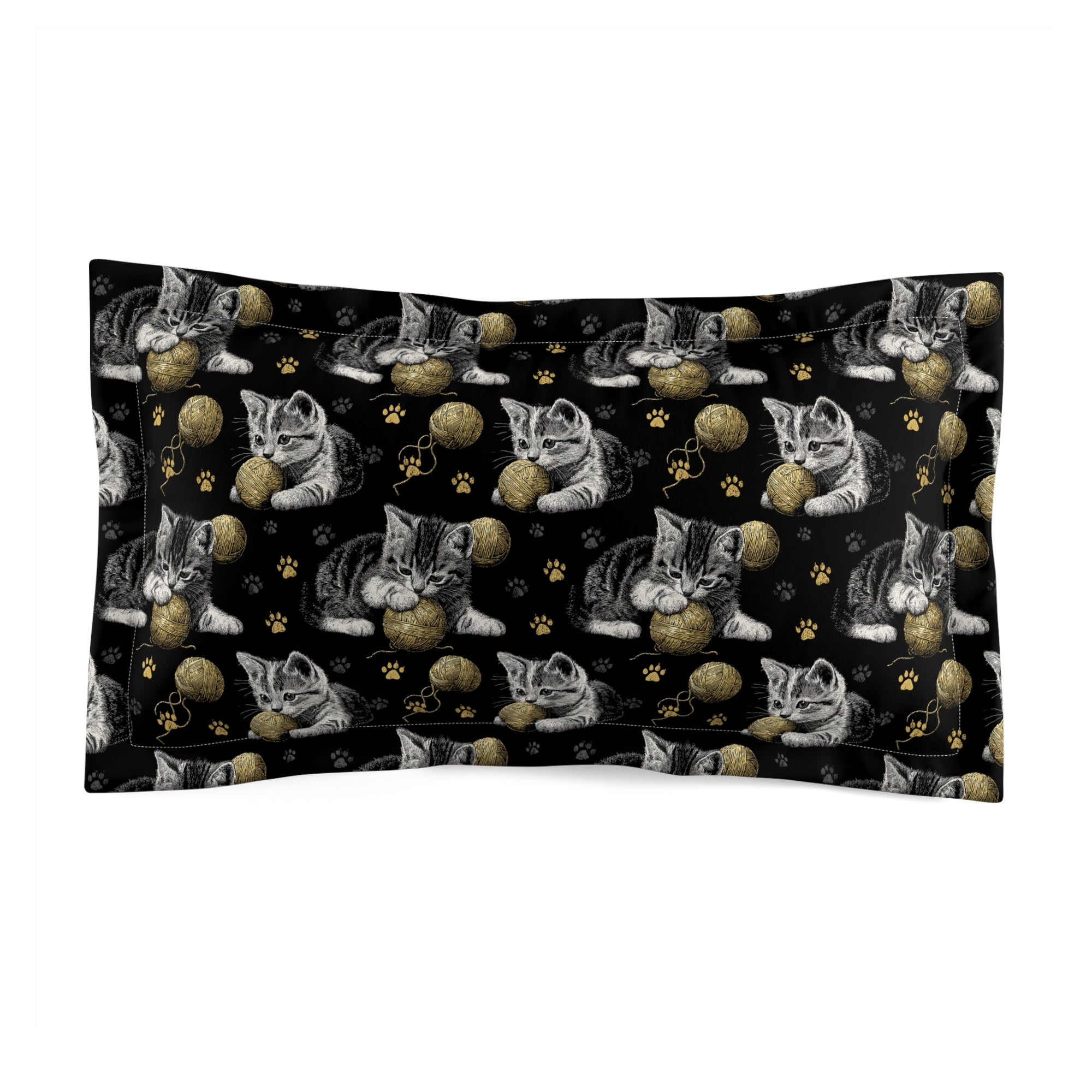 Pillow Sham - Grey and White Kittens Playing with Golden Yarn on a Black Background with Paw Prints