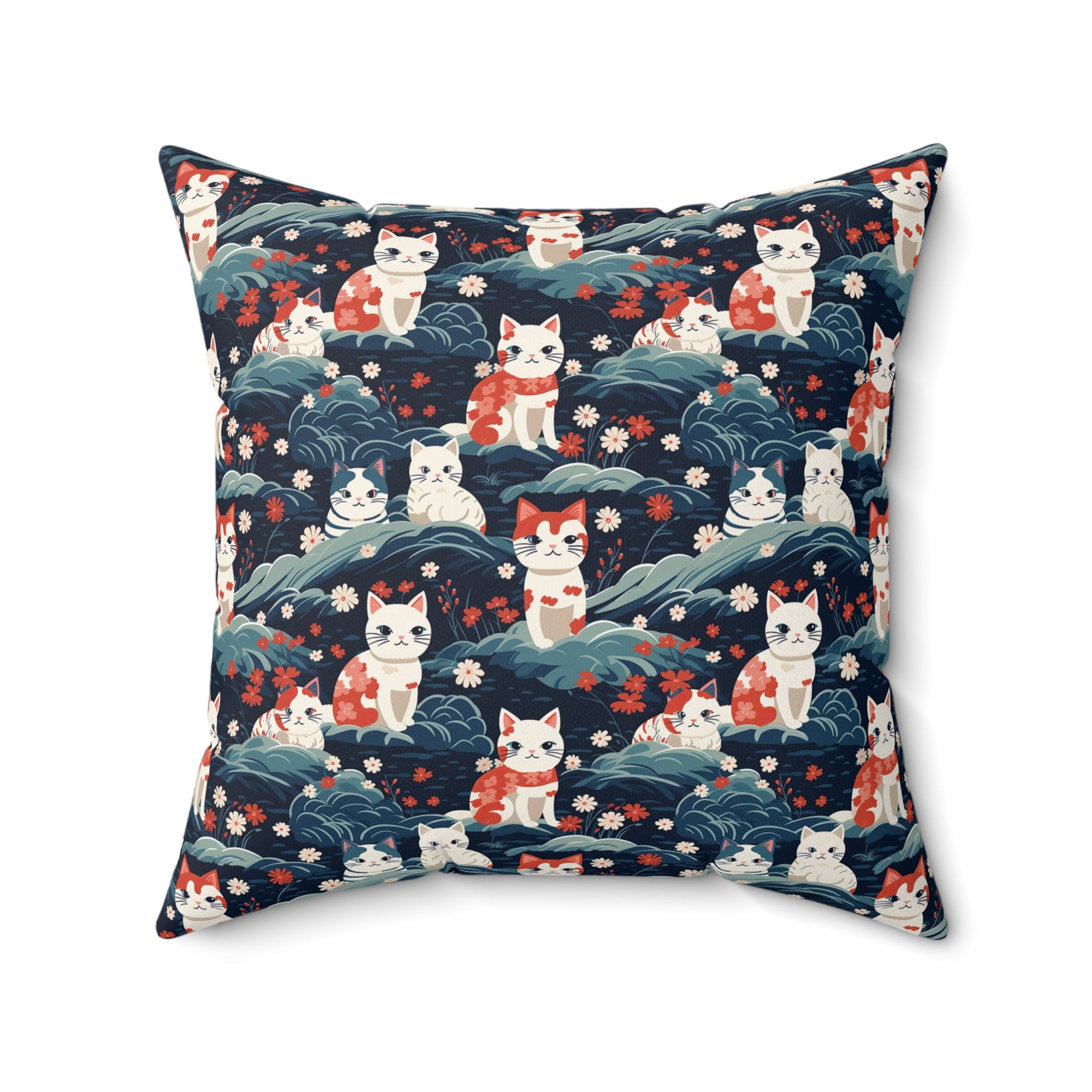 Indoor Square Pillow - A serene and sweet Japanese landscape pattern featuring multicolored cats relaxing within a tranquil field of red and white flowers and gentle blue hills.