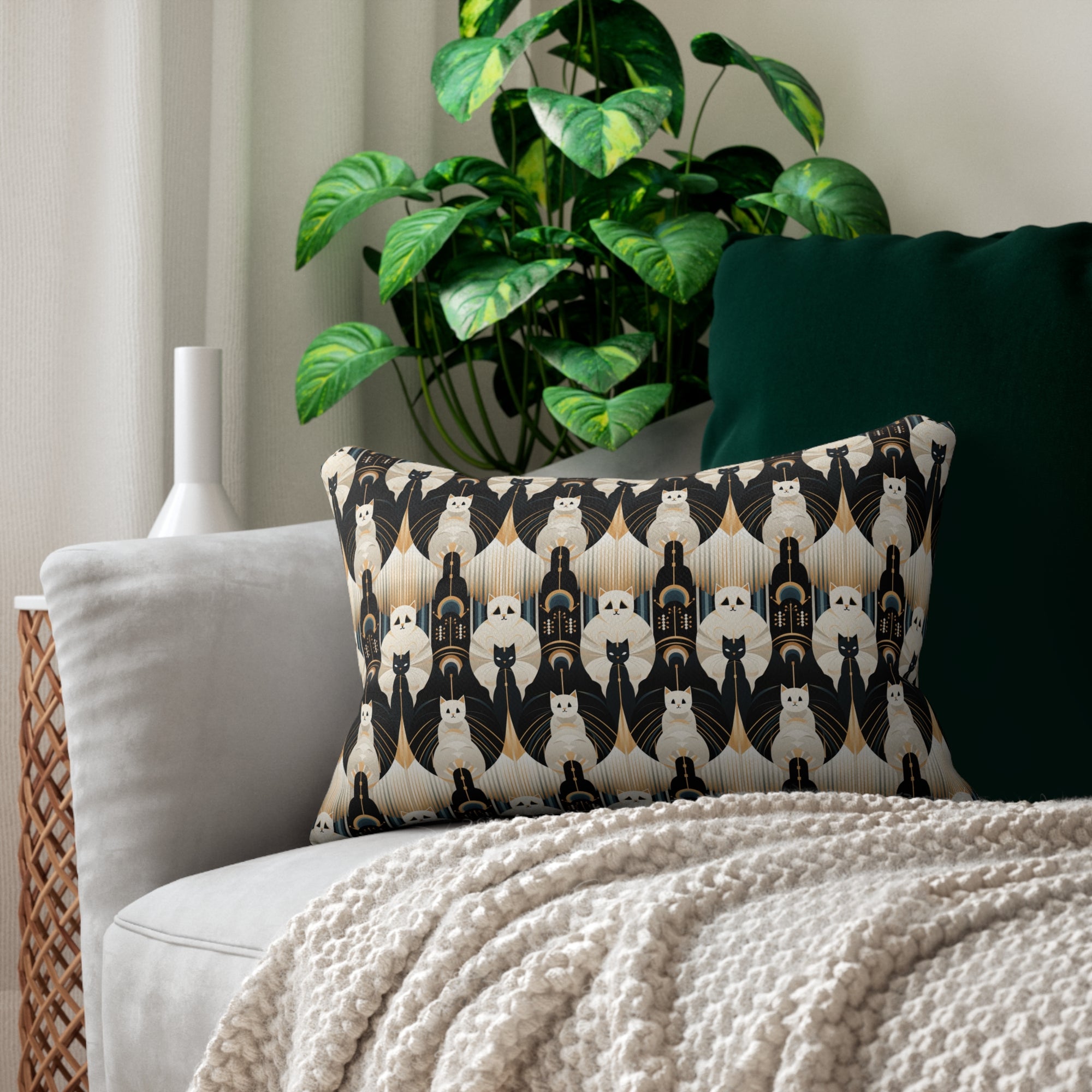 Indoor Lumbar Pillow - An elegant and artistic Art Deco-style pattern featuring streamlined white cats with a striking geometric backdrop of golden and black lines and shapes.