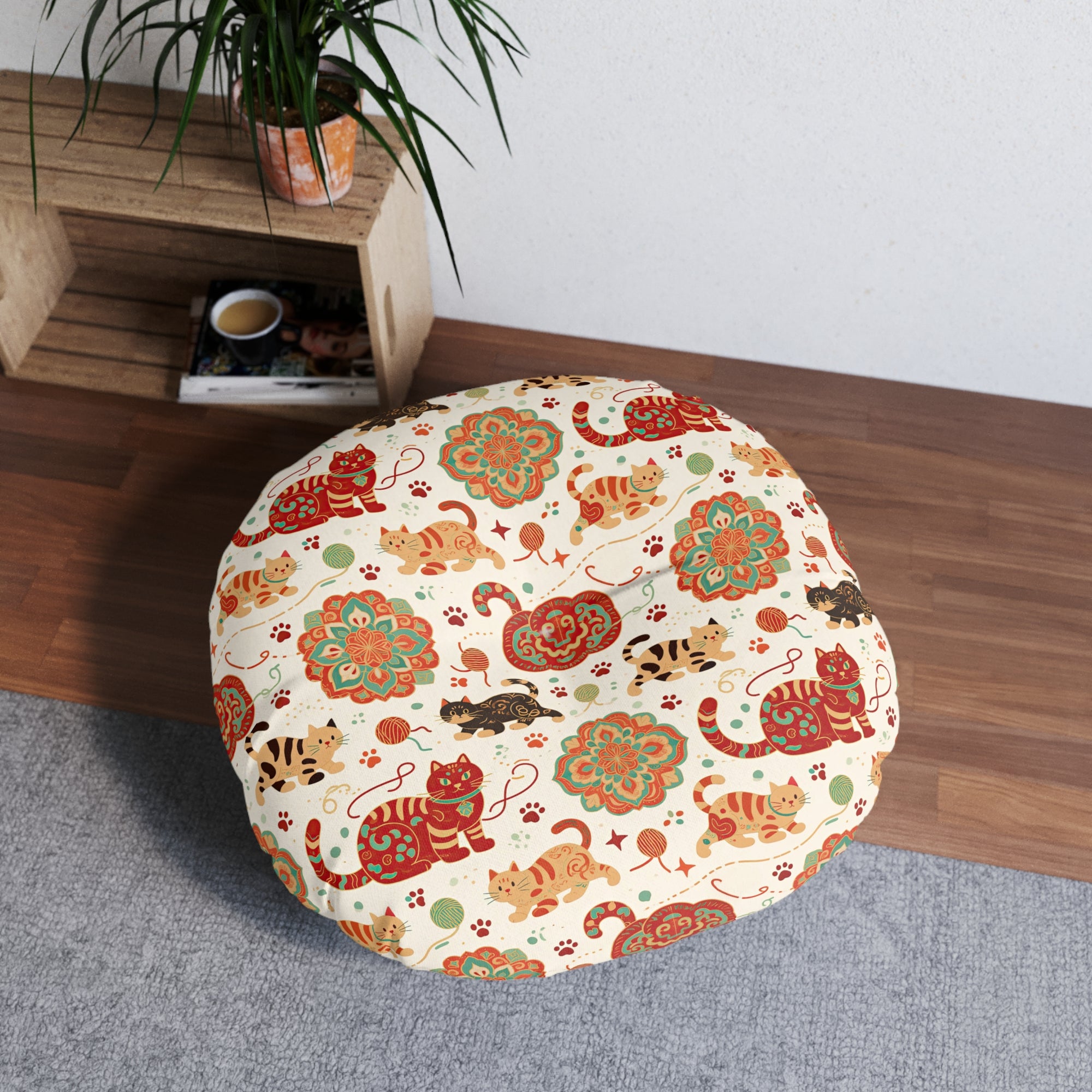 Indoor Round Floor Pillow - Vibrant boho chic cats and mandalas, colorful folk art style, playful felines with yarn and paw prints, artistic and bohemian cat design, cream background, unique animal print