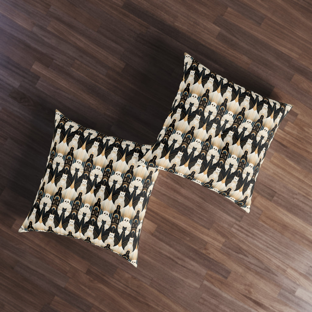 Indoor Square Floor Pillow - An elegant and artistic Art Deco-style pattern featuring streamlined white cats with a striking geometric backdrop of golden and black lines and shapes.
