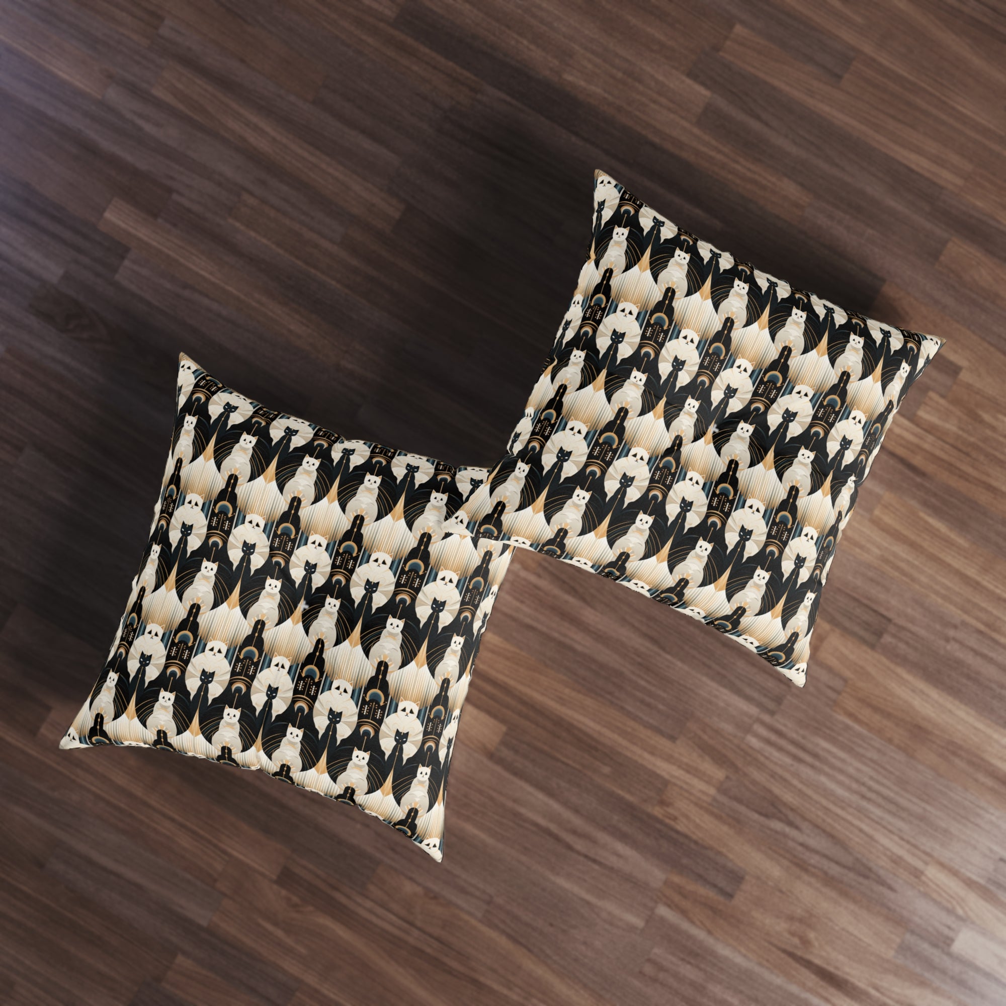Indoor Square Floor Pillow - An elegant and artistic Art Deco-style pattern featuring streamlined white cats with a striking geometric backdrop of golden and black lines and shapes.
