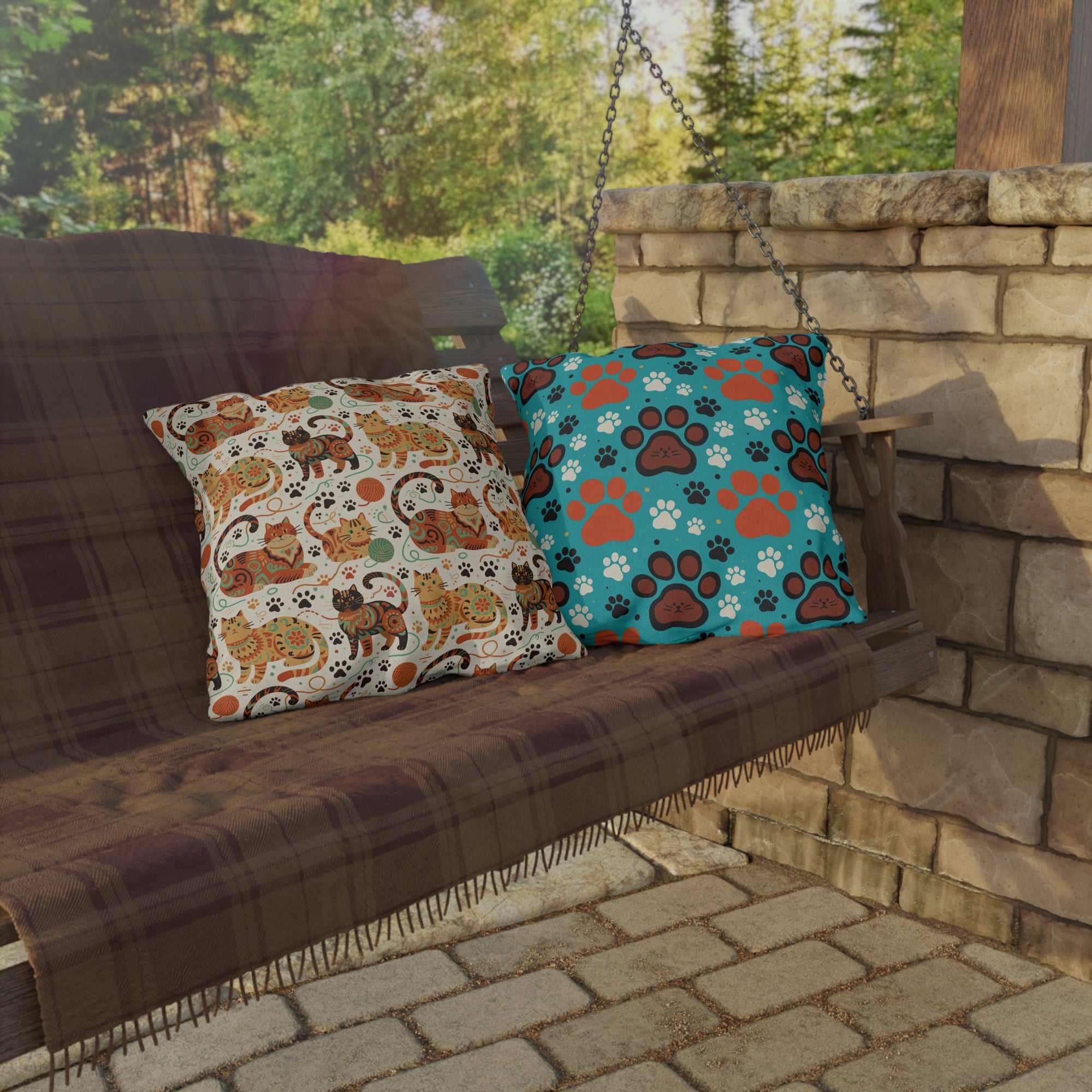 Outdoor Pillow - Colorful folk art patterned cats, vibrant orange and teal hues, playful felines with yarn and paw prints, bohemian animal illustration, cream background, artistic and cheerful design