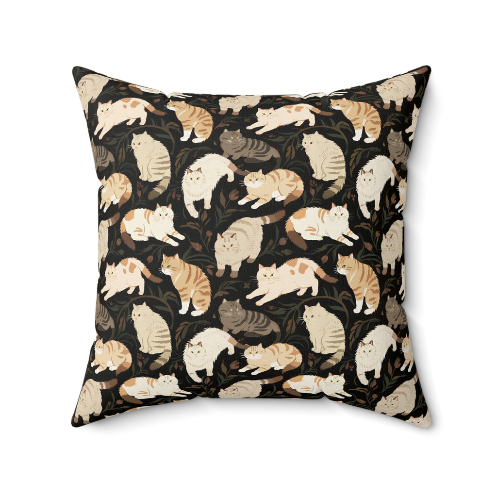 Indoor Square Pillow - Earthy Toned Cats Lounge and Play Amidst Dark Foliage in a Serene and Naturally Inspired Seamless Pattern Design