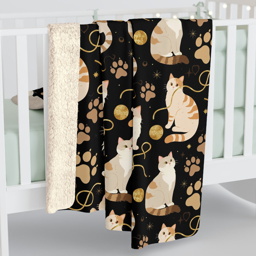 Sherpa Blanket - Elegant felines and sparkling gold yarn on black, adorable cats with golden paw prints, sophisticated pet motif, charming animal pattern, cozy and warm artistic illustration