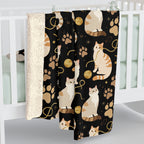 Sherpa Blanket - Elegant felines and sparkling gold yarn on black, adorable cats with golden paw prints, sophisticated pet motif, charming animal pattern, cozy and warm artistic illustration
