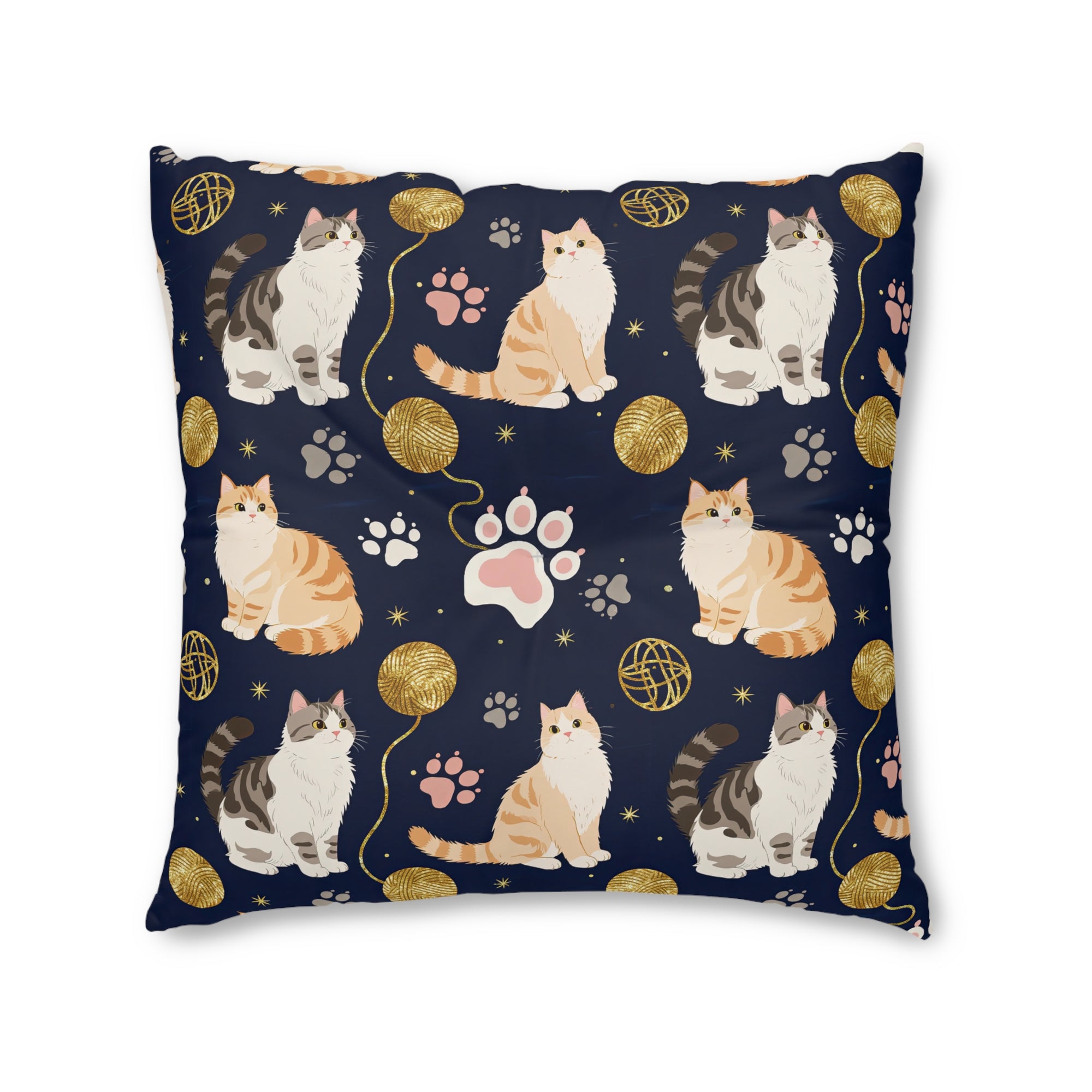 Indoor Square Floor Pillow - Charming cats and golden yarn playful design, cute kittens with paw prints, whimsical animal art for cat lovers, dark blue background, delightful pet themed illustration