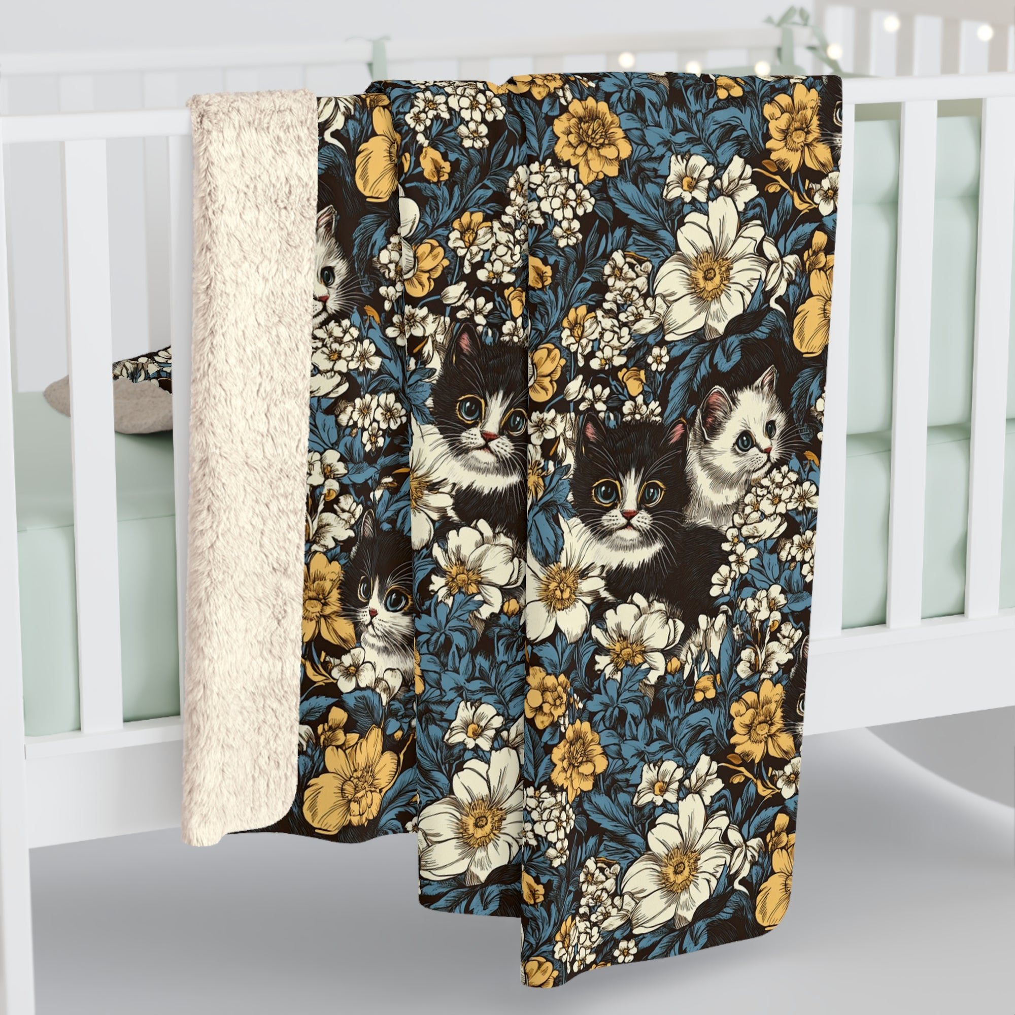 Sherpa Blanket - Black and White Kittens with Yellow and White Flowers, Dark Blue Leaves, Vintage Charm