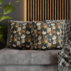 Square Pillowcase - Blue Eyed Cats with Brown and White Fur on a Deep Blue Damask Background