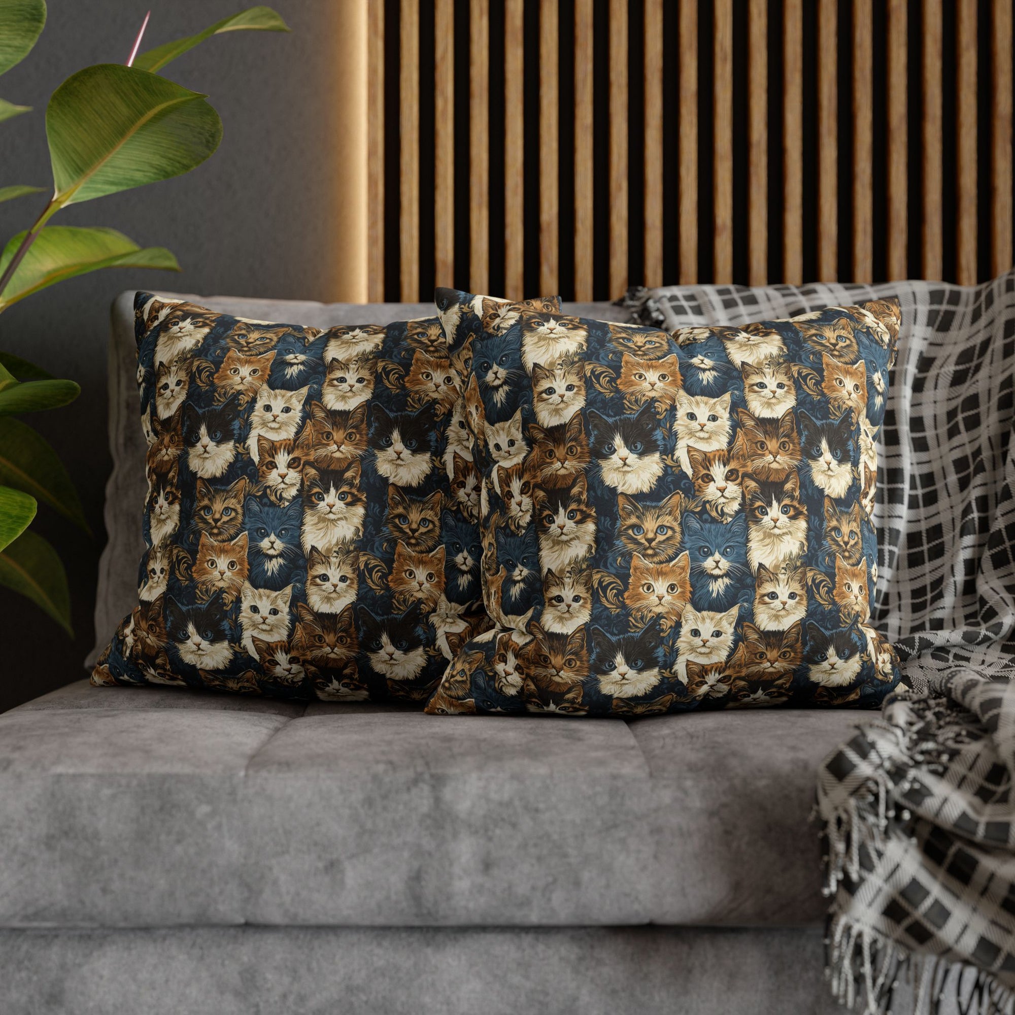 Square Pillowcase - Blue Eyed Cats with Brown and White Fur on a Deep Blue Damask Background