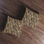 Indoor Square Floor Pillow - Grey Tabby Kittens Among Yellow and Peach Flowers, Moody Vintage Botanical Illustration