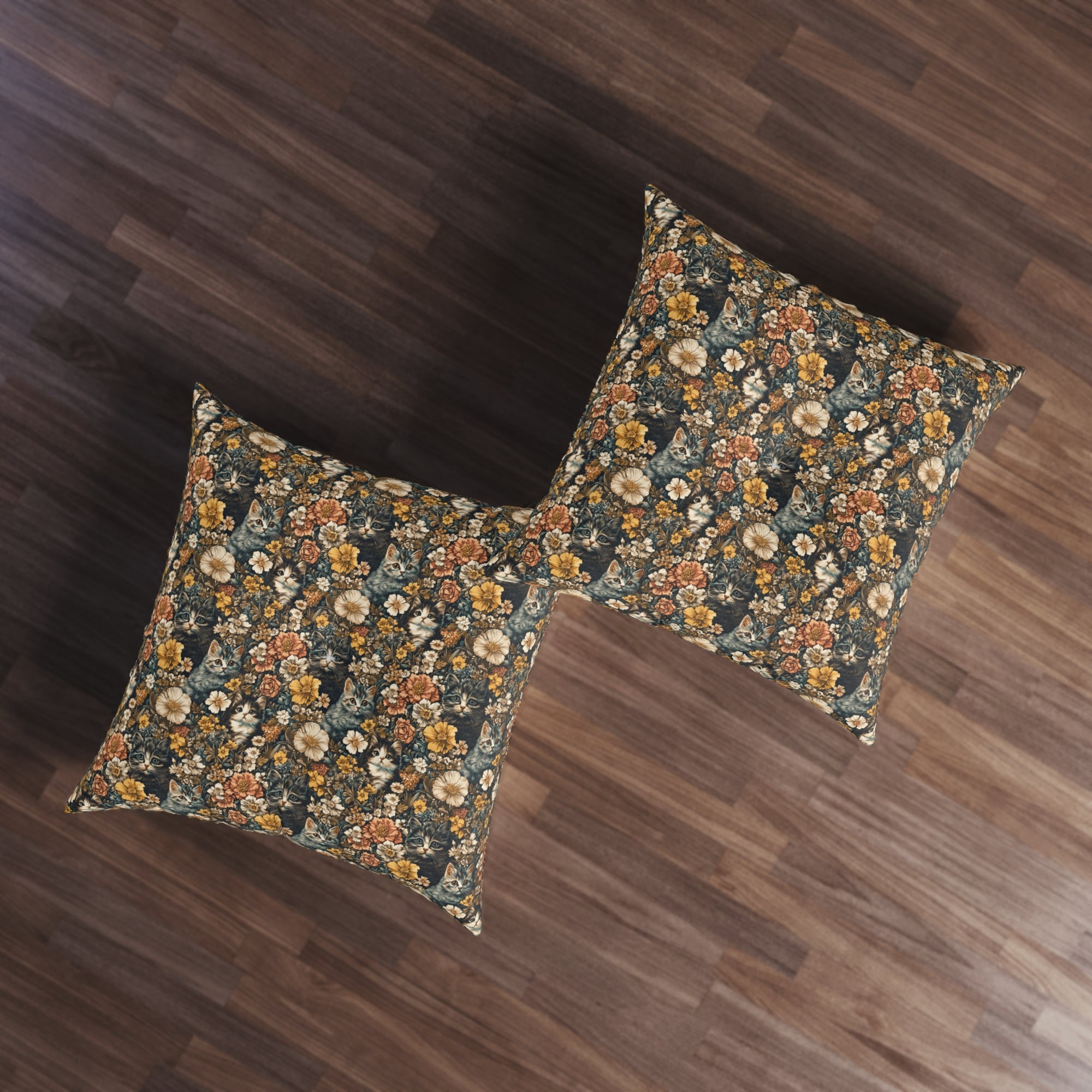 Indoor Square Floor Pillow - Grey Tabby Kittens Among Yellow and Peach Flowers, Moody Vintage Botanical Illustration