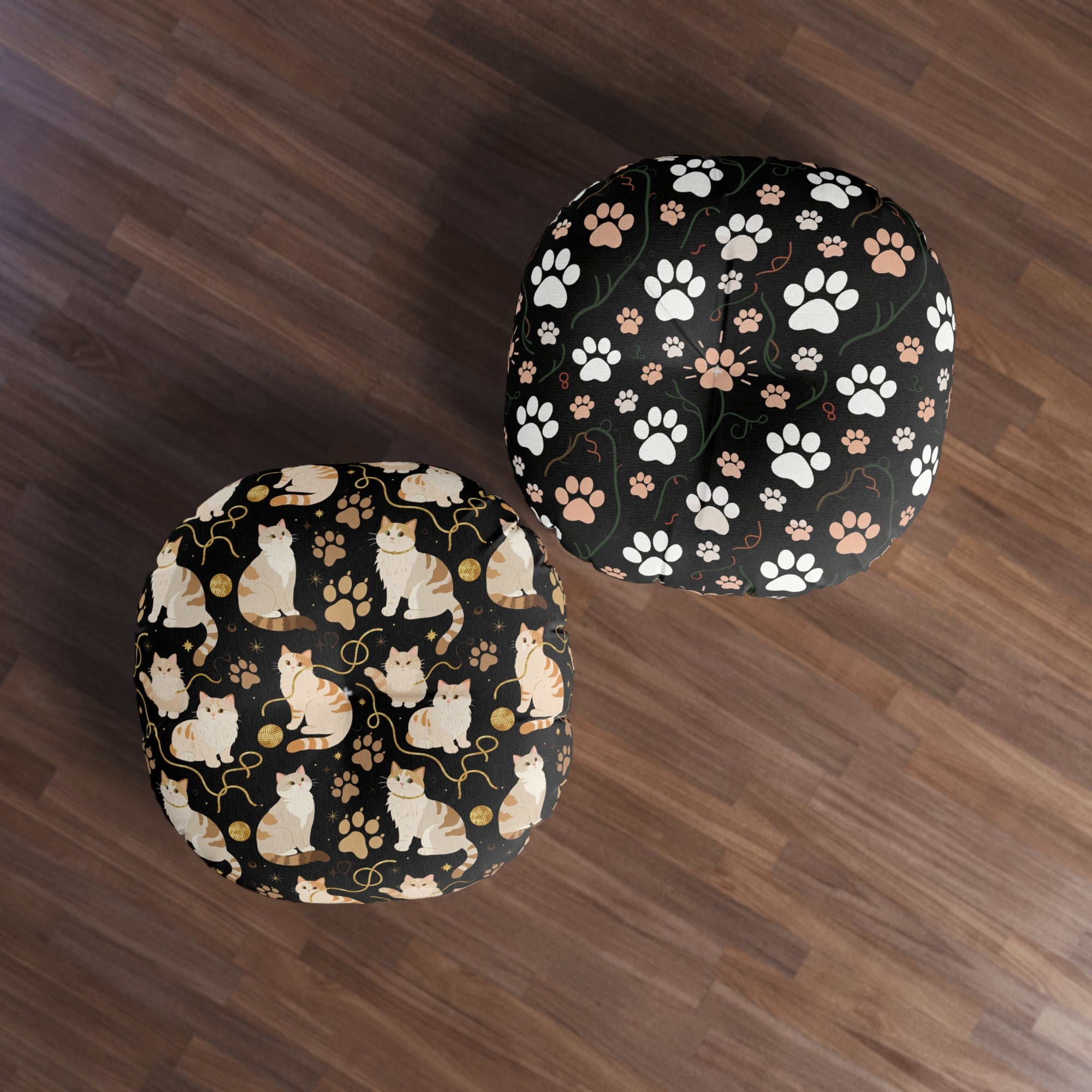 Indoor Round Floor Pillow - Charming cats and golden yarn playful design, cute kittens with paw prints, whimsical animal art for cat lovers, dark blue background, delightful pet themed illustration