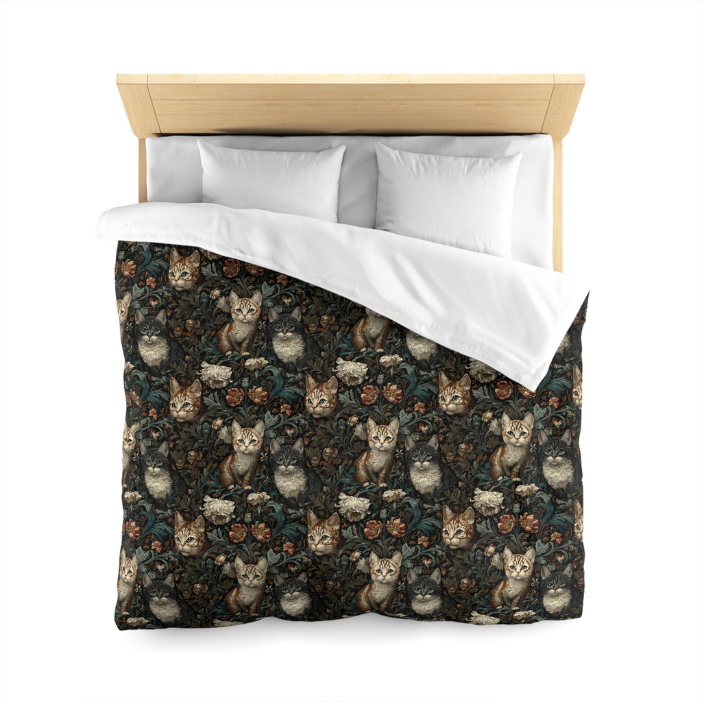 Duvet Cover - Brown Tabby Kittens Among Dark Green and Peach Floral Vines, Moody Vintage Style