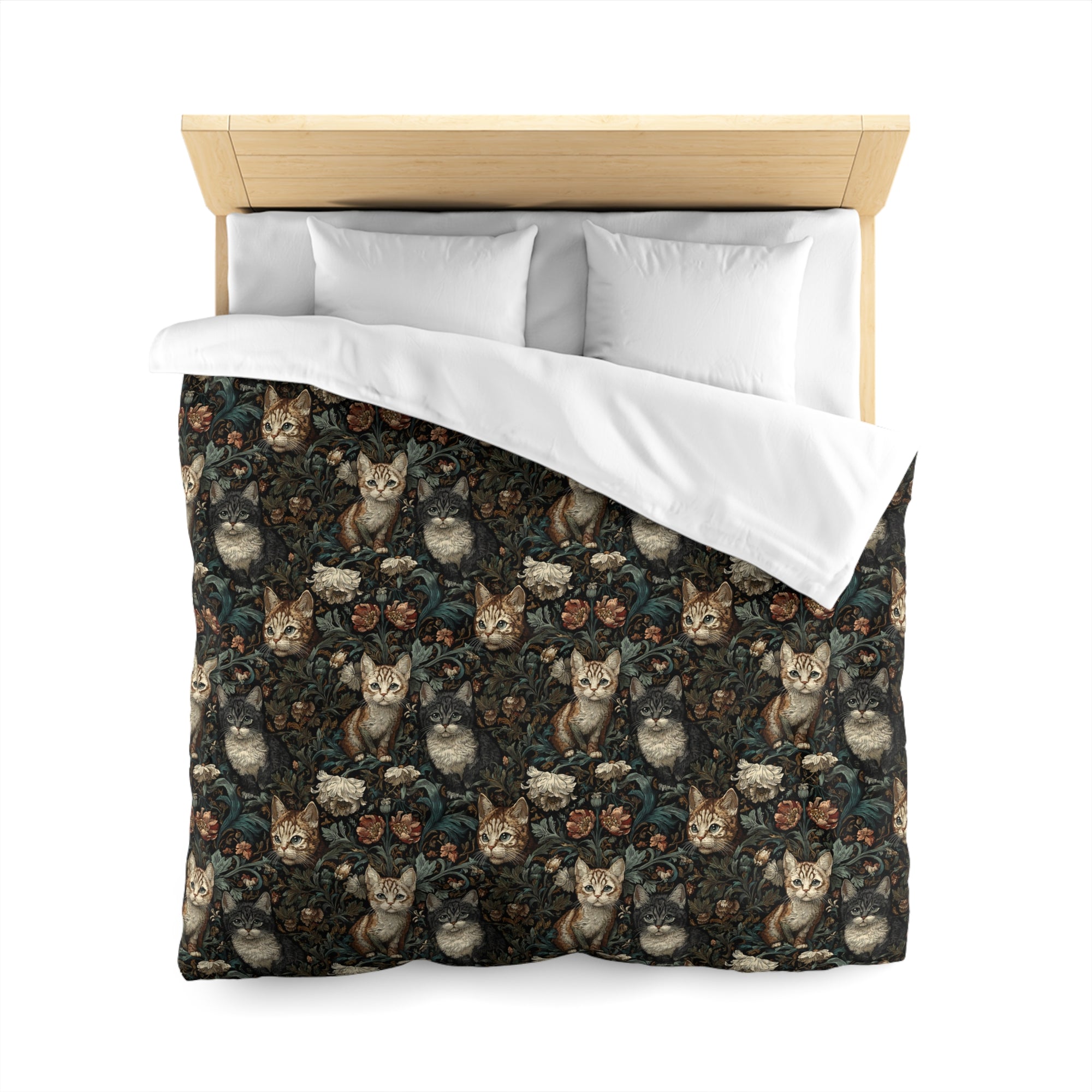 Duvet Cover - Brown Tabby Kittens Among Dark Green and Peach Floral Vines, Moody Vintage Style