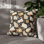 Square Pillowcase - Diverse cats and kittens in a dark garden, various breeds and colors, soft natural tones with foliage and paw prints, charming animal illustration, dark background, gentle pet themed art