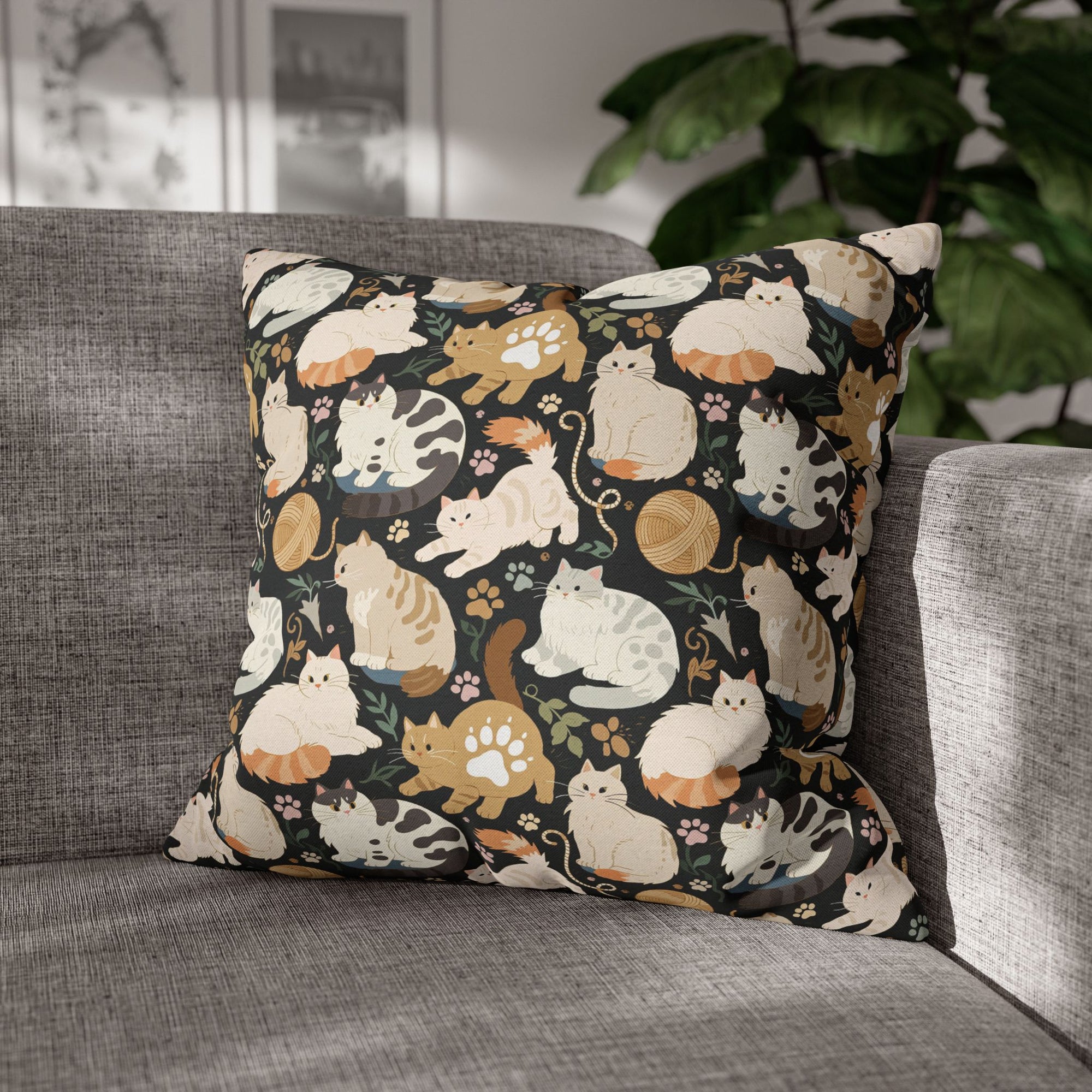 Square Pillowcase - Diverse cats and kittens in a dark garden, various breeds and colors, soft natural tones with foliage and paw prints, charming animal illustration, dark background, gentle pet themed art