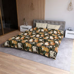 Duvet Cover - Whimsical cat and kitten garden party, various cat breeds amidst green foliage and pink flowers, charming animal illustration, dark forest green background, playful and natural art