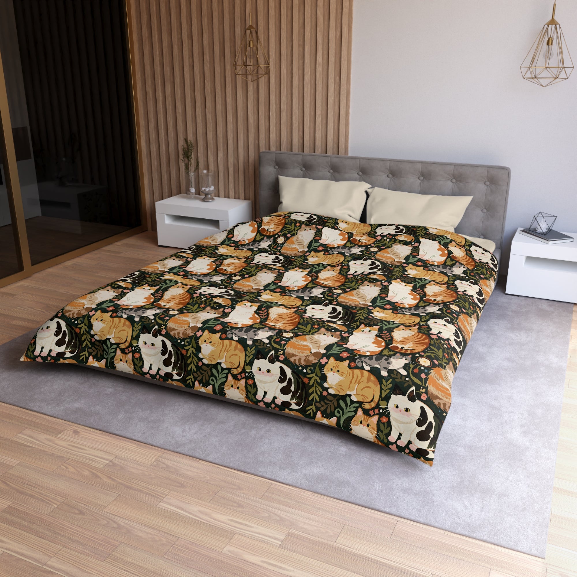 Duvet Cover - Whimsical cat and kitten garden party, various cat breeds amidst green foliage and pink flowers, charming animal illustration, dark forest green background, playful and natural art
