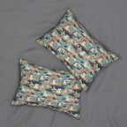 Indoor Lumbar Pillow - A serene watercolor painting of fluffy cats lounging on rocks, surrounded by cherry blossoms and blue water, in a tranquil, nature-filled, Japanese-inspired landscape.