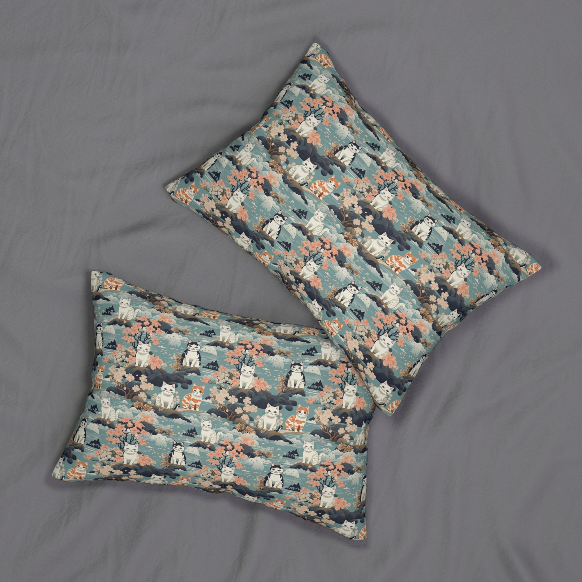Indoor Lumbar Pillow - A serene watercolor painting of fluffy cats lounging on rocks, surrounded by cherry blossoms and blue water, in a tranquil, nature-filled, Japanese-inspired landscape.