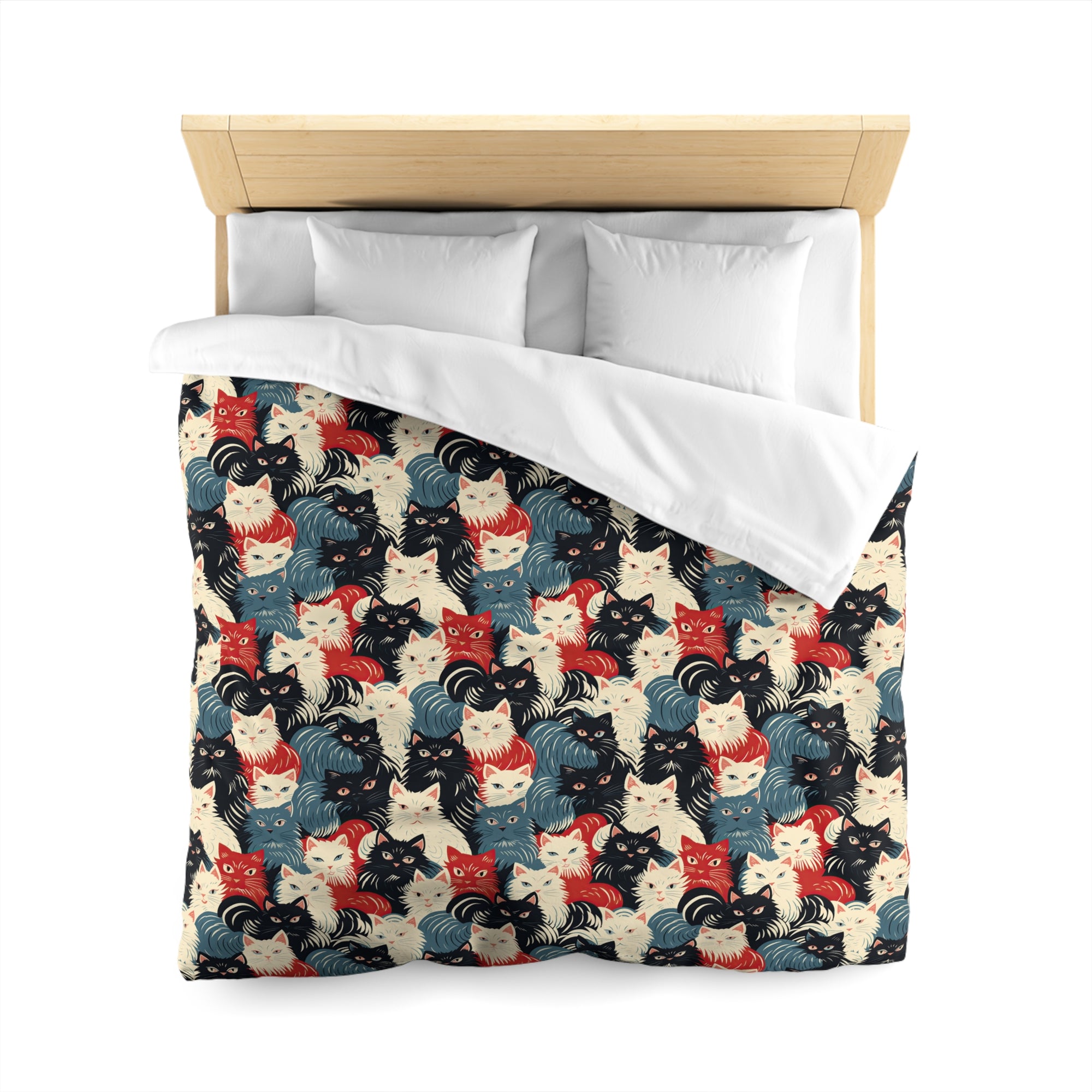 Duvet Cover - A bold and graphic pop art style illustration featuring a tight-knit cluster of various fluffy felines in black, white, red, and blue.