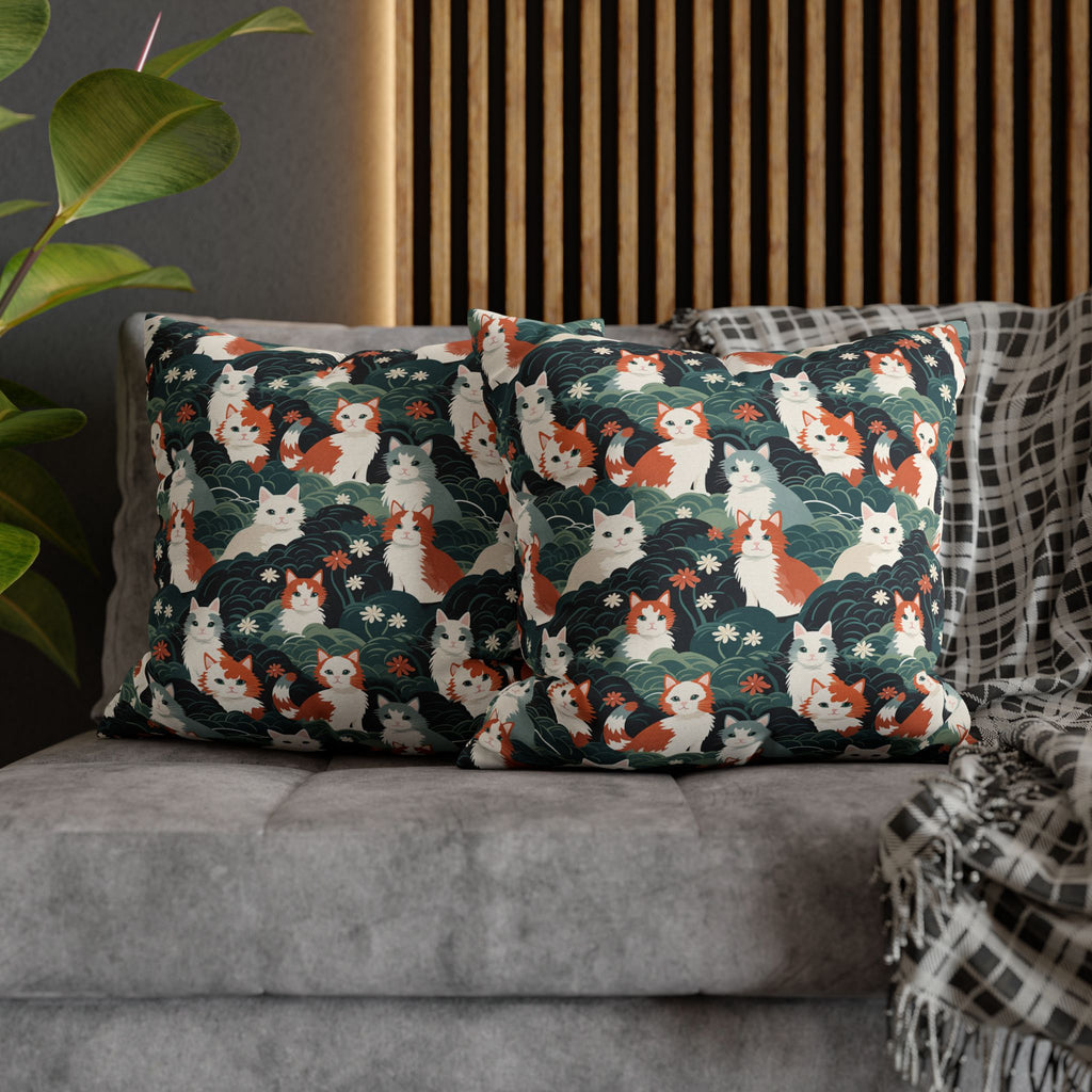 Square Pillowcase - A whimsical, fluffy, watercolor depiction of various cats of different colors peeking out from a dense dark blue and green bush with white flowers.