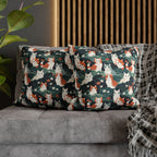Square Pillowcase - A whimsical, fluffy, watercolor depiction of various cats of different colors peeking out from a dense dark blue and green bush with white flowers.