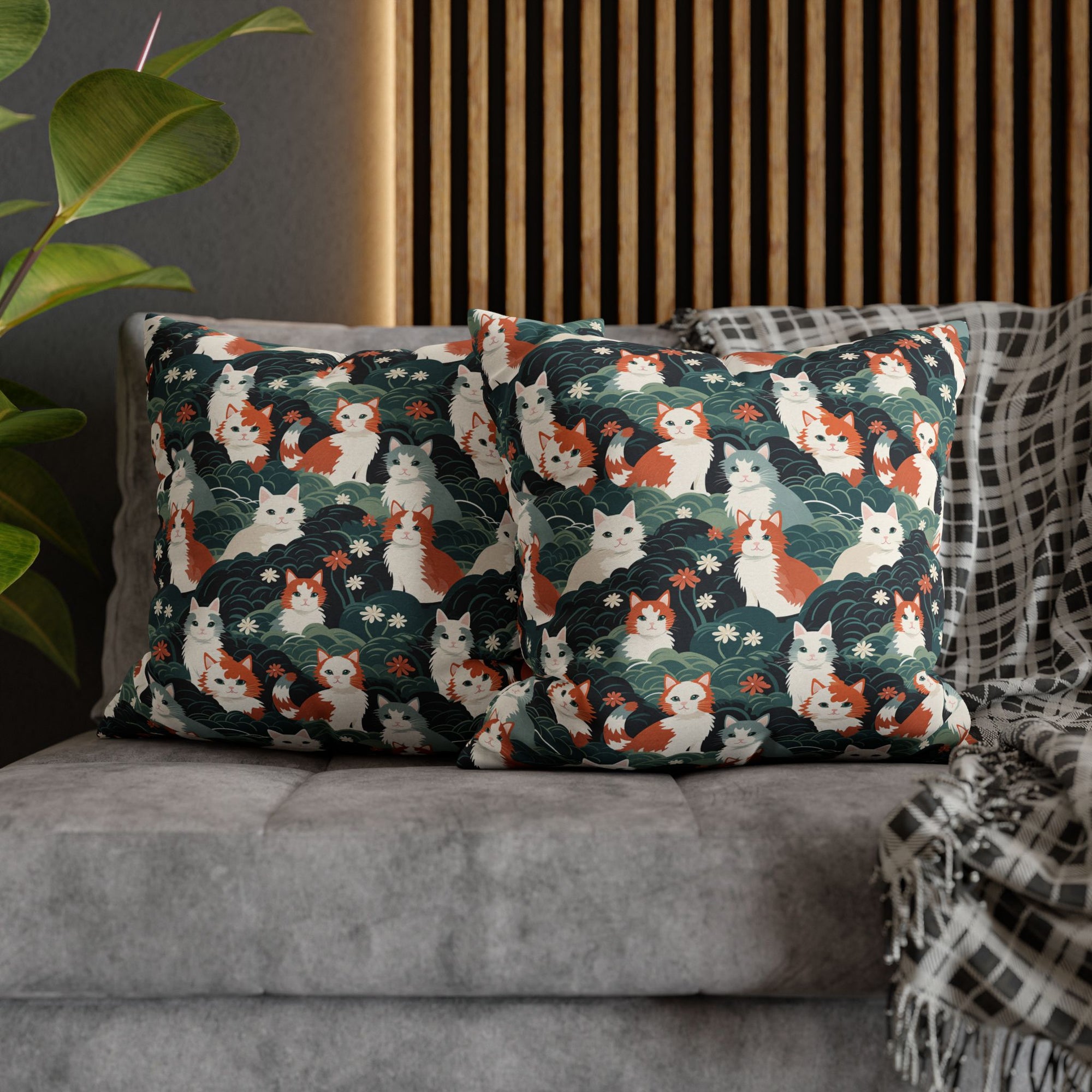 Square Pillowcase - A whimsical, fluffy, watercolor depiction of various cats of different colors peeking out from a dense dark blue and green bush with white flowers.