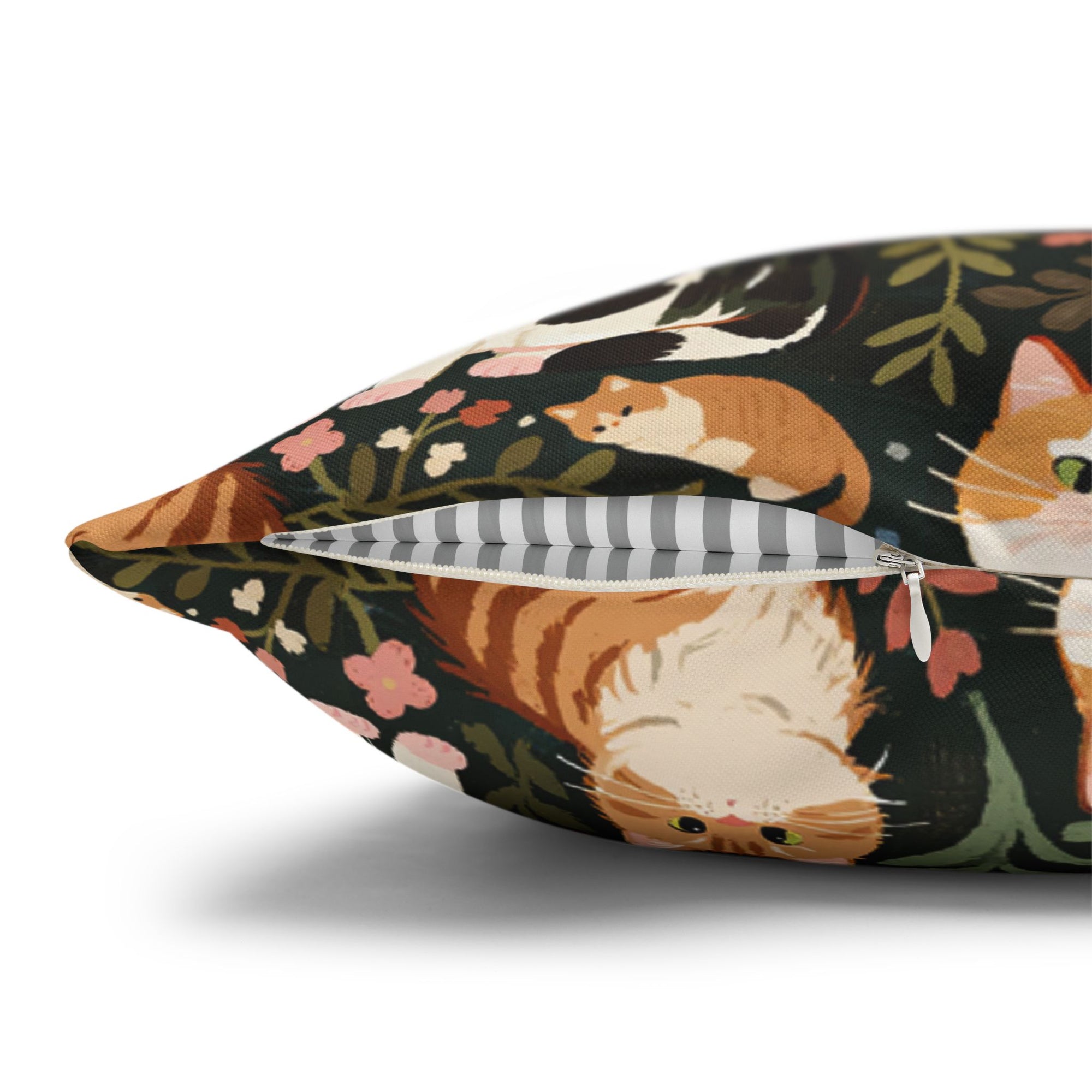 Square Pillowcase - Whimsical cat and kitten garden party, various cat breeds amidst green foliage and pink flowers, charming animal illustration, dark forest green background, playful and natural art