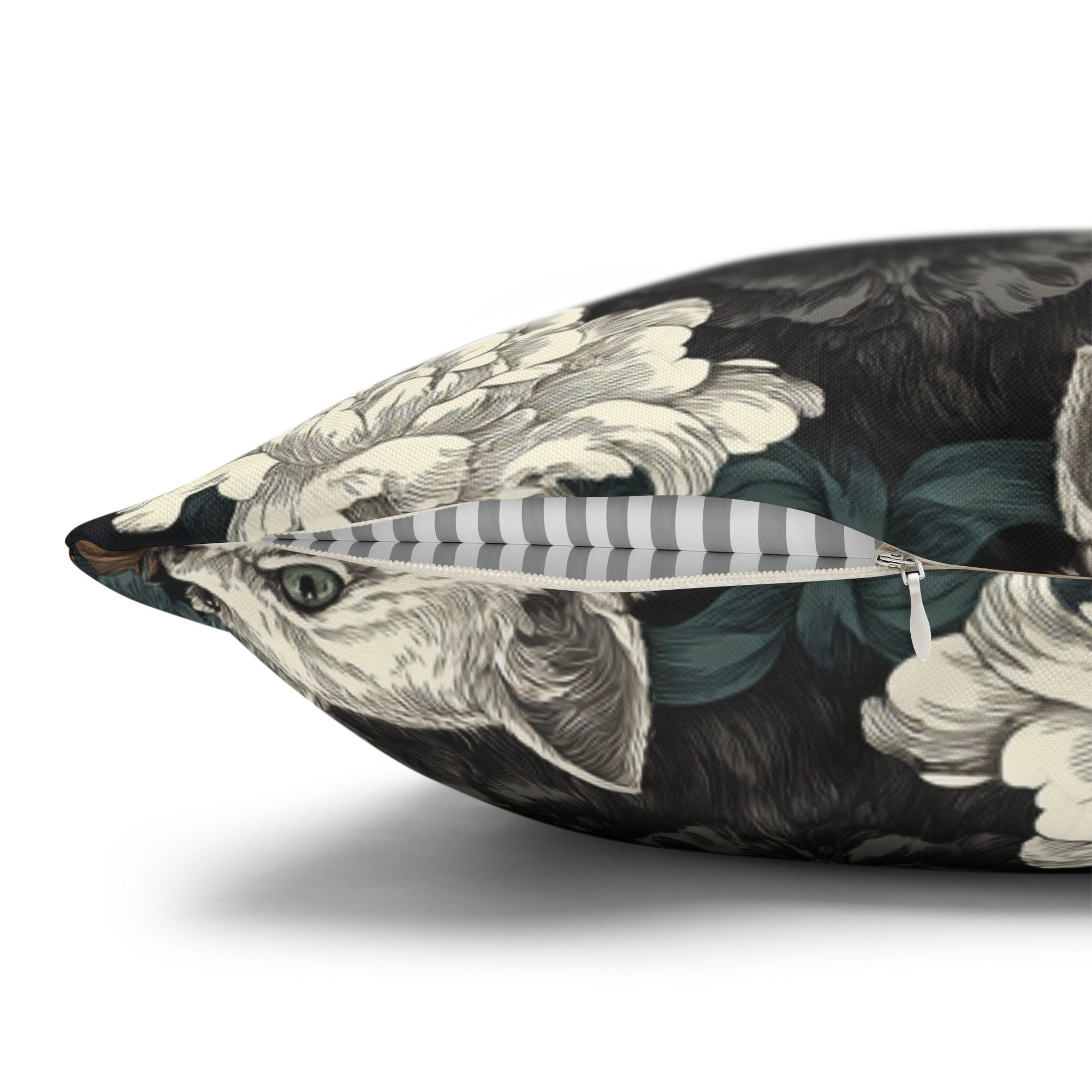 Square Pillowcase - Grey and White Kittens with Creamy White Flowers and Dark Green Foliage, Elegant Vintage Vibe
