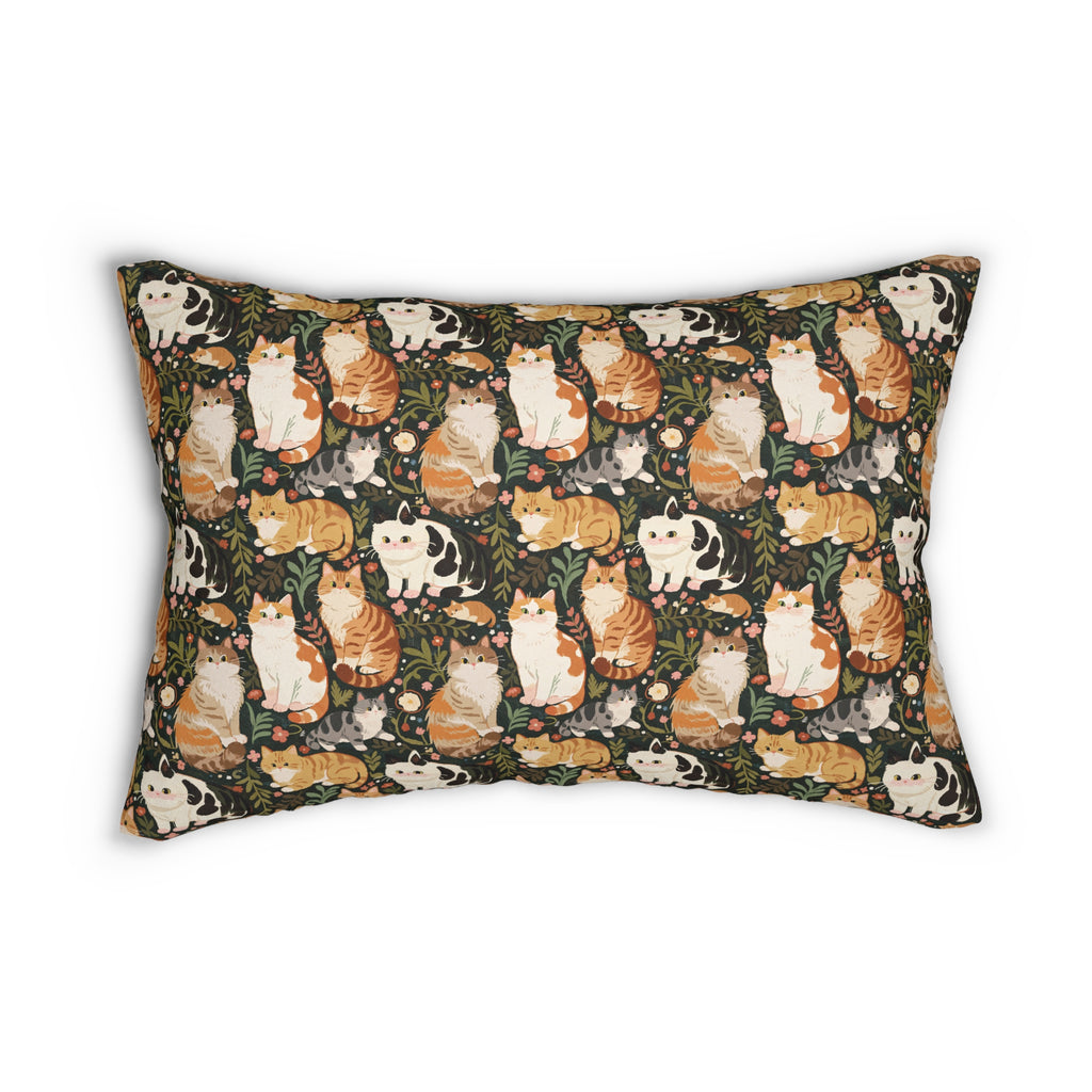 Indoor Lumbar Pillow - Whimsical cat and kitten garden party, various cat breeds amidst green foliage and pink flowers, charming animal illustration, dark forest green background, playful and natural art