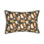Indoor Lumbar Pillow - Whimsical cat and kitten garden party, various cat breeds amidst green foliage and pink flowers, charming animal illustration, dark forest green background, playful and natural art