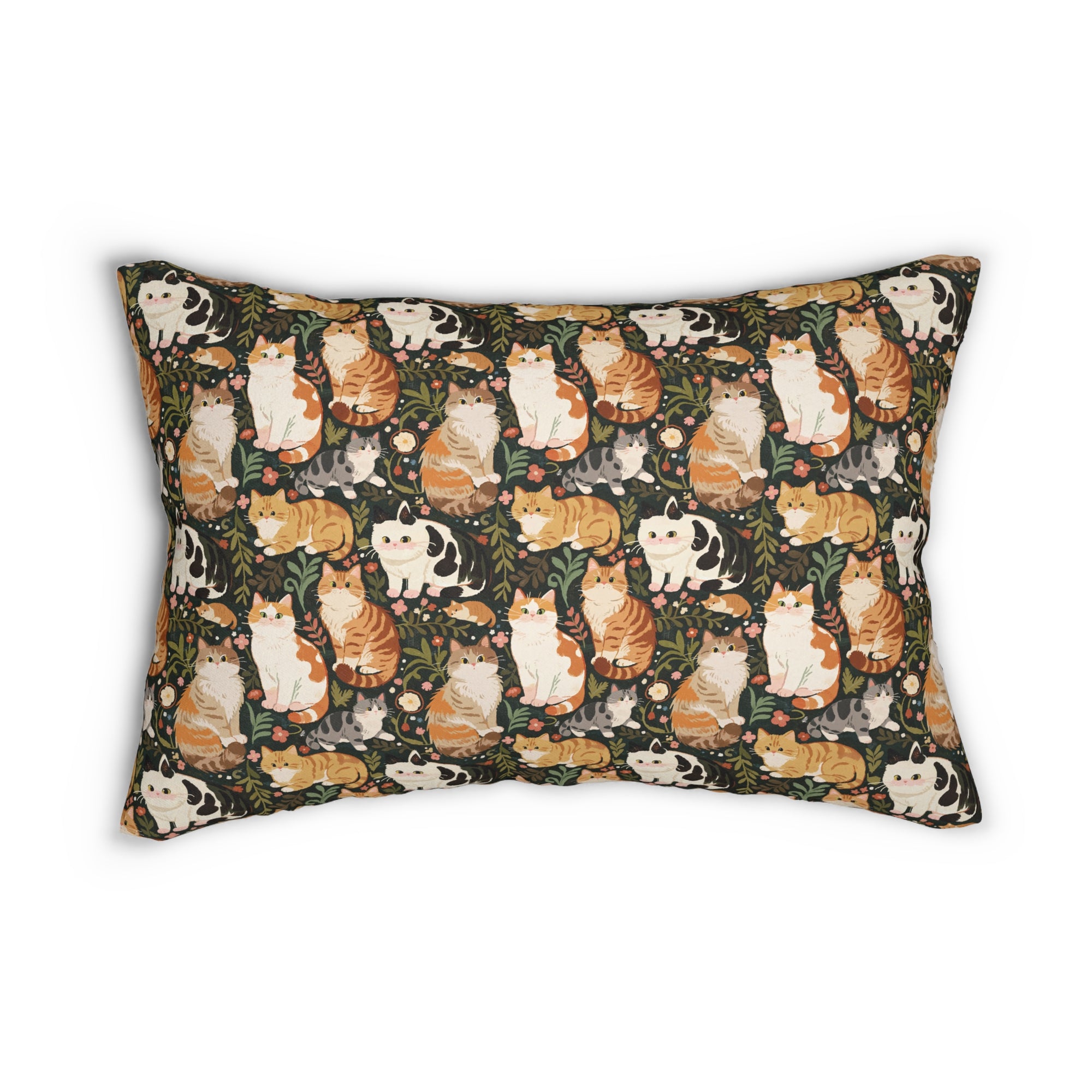 Indoor Lumbar Pillow - Whimsical cat and kitten garden party, various cat breeds amidst green foliage and pink flowers, charming animal illustration, dark forest green background, playful and natural art