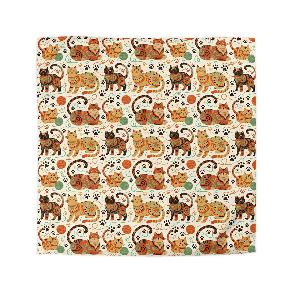 Duvet Cover - Colorful folk art patterned cats, vibrant orange and teal hues, playful felines with yarn and paw prints, bohemian animal illustration, cream background, artistic and cheerful design