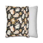 Square Pillowcase - Diverse cats and kittens in a dark garden, various breeds and colors, soft natural tones with foliage and paw prints, charming animal illustration, dark background, gentle pet themed art