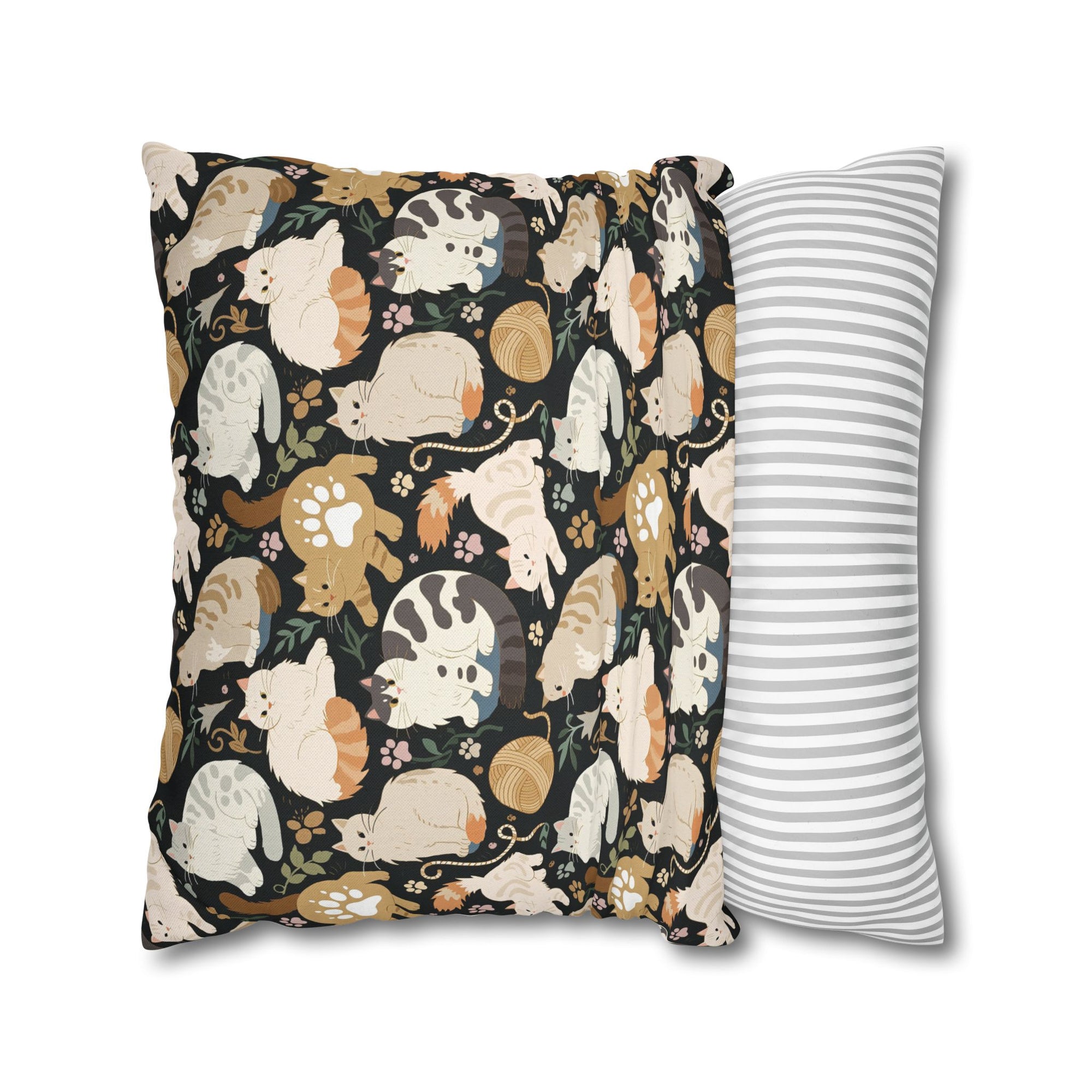 Square Pillowcase - Diverse cats and kittens in a dark garden, various breeds and colors, soft natural tones with foliage and paw prints, charming animal illustration, dark background, gentle pet themed art