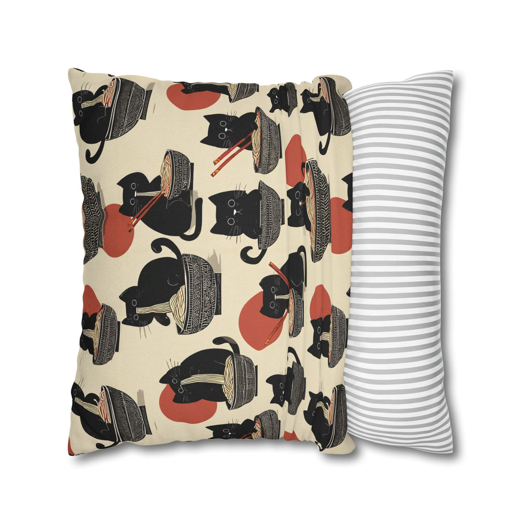 Square Pillowcase - A whimsical and delightful hand-drawn style pattern of adorable black cats eating bowls of delicious ramen noodles with a large red sun in the background.