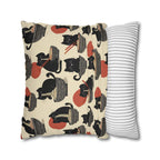 Square Pillowcase - A whimsical and delightful hand-drawn style pattern of adorable black cats eating bowls of delicious ramen noodles with a large red sun in the background.