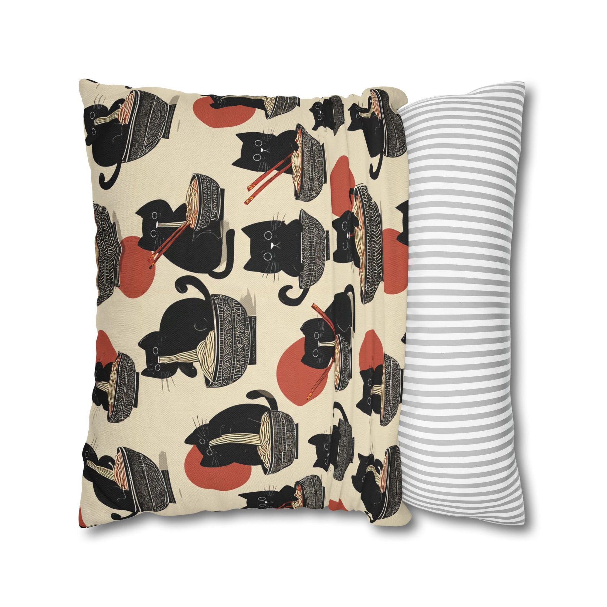 Square Pillowcase - A whimsical and delightful hand-drawn style pattern of adorable black cats eating bowls of delicious ramen noodles with a large red sun in the background.