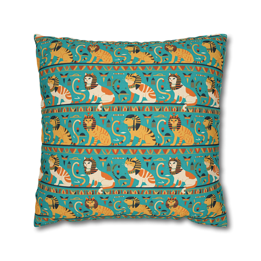 Square Pillowcase - Horizontal Stripes of Golden Egyptian Cats and Intricate Hieroglyphs Form a Repeating and Historically Themed Border Pattern