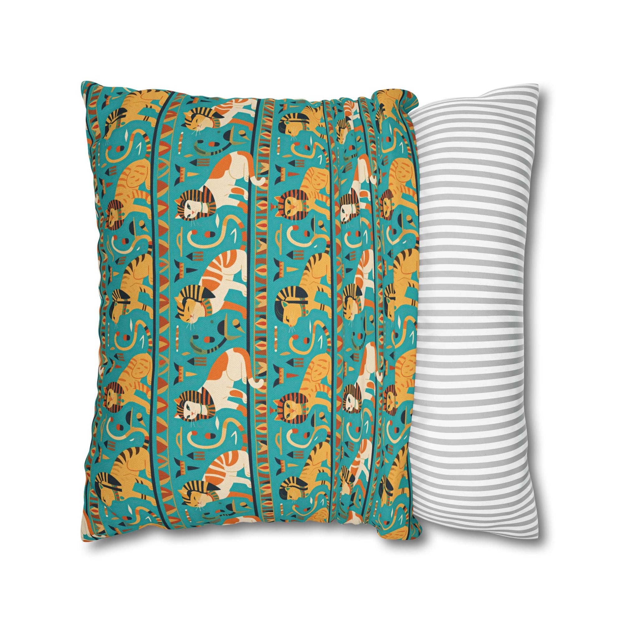 Square Pillowcase - Horizontal Stripes of Golden Egyptian Cats and Intricate Hieroglyphs Form a Repeating and Historically Themed Border Pattern